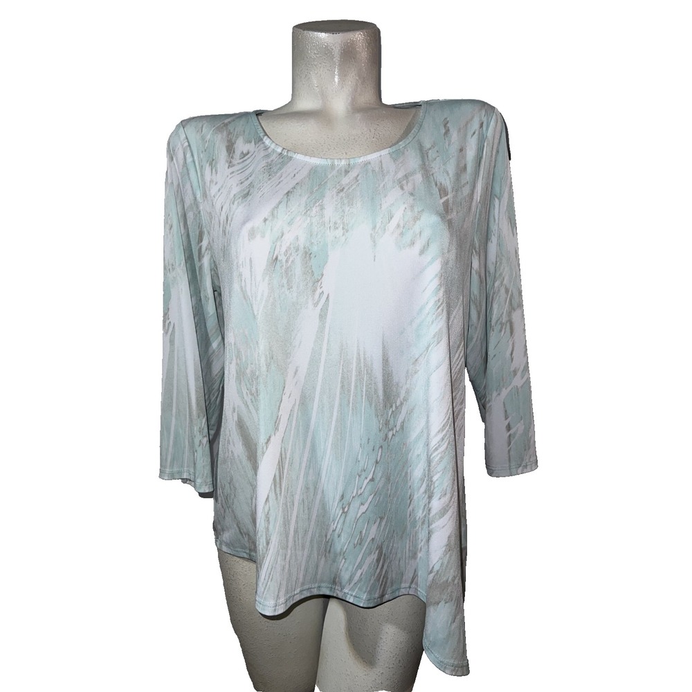 Chicos Seafoam Green Abstract Brushstroke Asymmetrical Sharkbite Tunic Top Sz 2